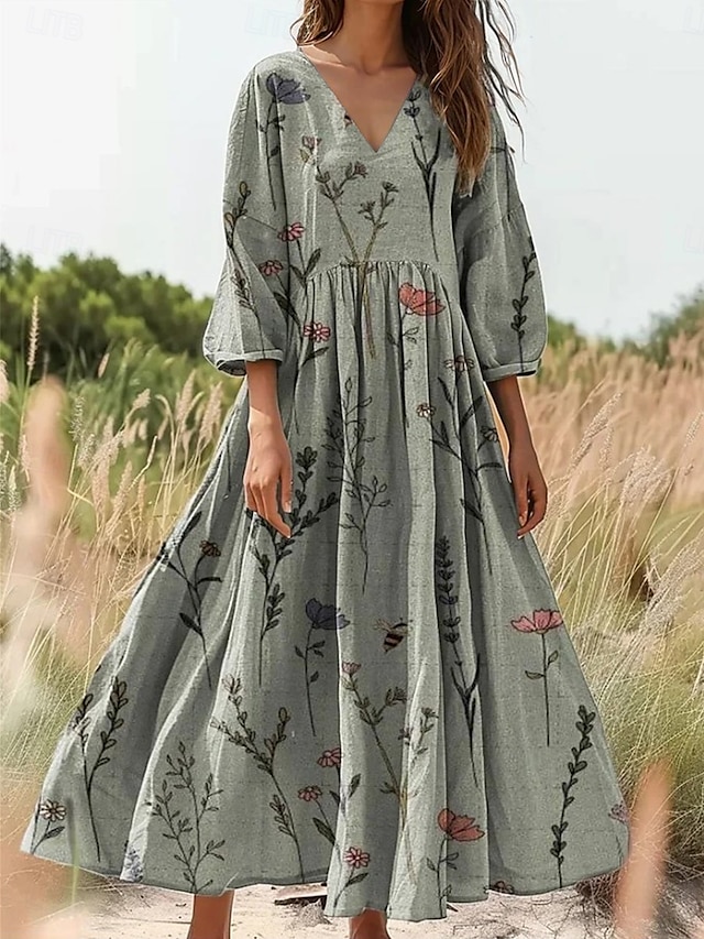  Femmes Robe maxi Robe d'Été Robe trapèze Robe Plissée Vacances Occasionnel Boho Sortir Coupe Ample Fleuri Graphique Manche 3/4 Col en V Rose Claire Bleu Vert