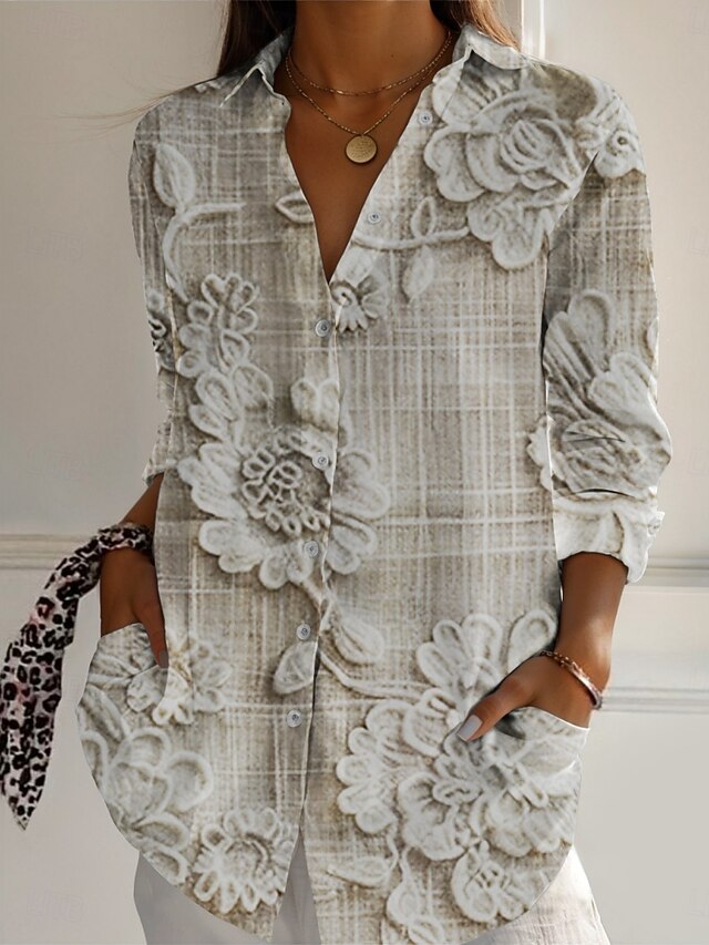 Women's Shirt Floral Active Daily Stylish Long Sleeve Shirt Collar Regular Tops Daily Holiday Buttons Print Apricot Spring Fall4