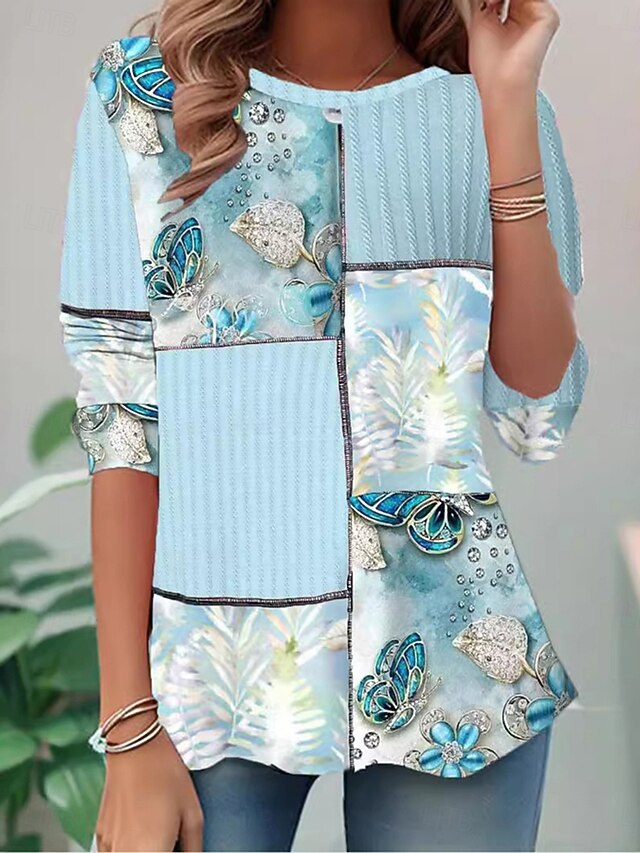 Women's T shirt Crew Neck Long Sleeve Tunic Floral Graphic Casual  Regular Tops Daily Print Pink Sky Blue Orange Fall4