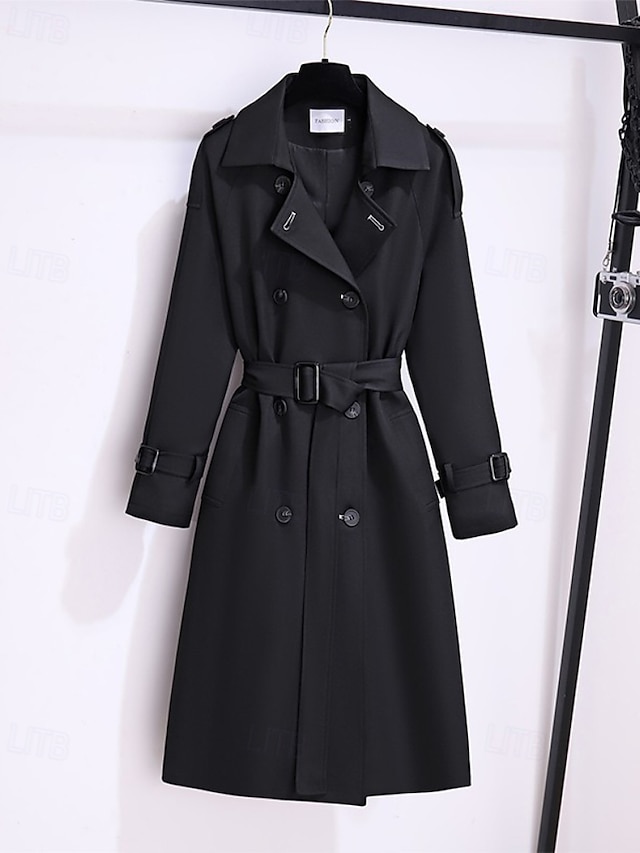  Damen Trenchcoat Bequem Knöpfe Tasche Mode Modern Einfach Ausgehen Wochenende Doppelreihig Lang Umlegekragen Normale Passform Langarm Oberbekleidung Schwarz Khaki Herbst Winter