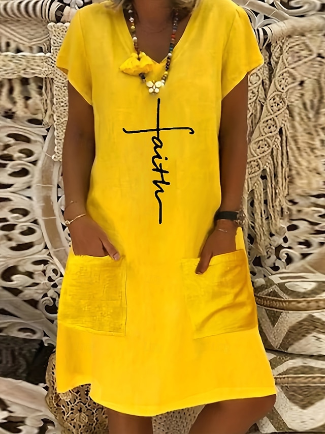  Femmes Robe Midi Robe en lin Robe Décontractée Robe bohème Robe Imprimée Élégant Mode Classique Manches bouffantes Vacances Fête Robe d'Automne Coupe régulière Abstrait Manche Courte Col en V Jaune