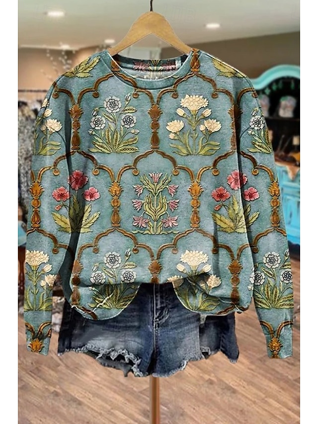 Women's Pullover Sweatshirt Floral Graphic Warm Vintage Gothic Lolita Long Sleeve Crew Neck Regular Tops Street Dailywear Casual Print Light Pink Red Brown Green Beige Spring Fall Winter