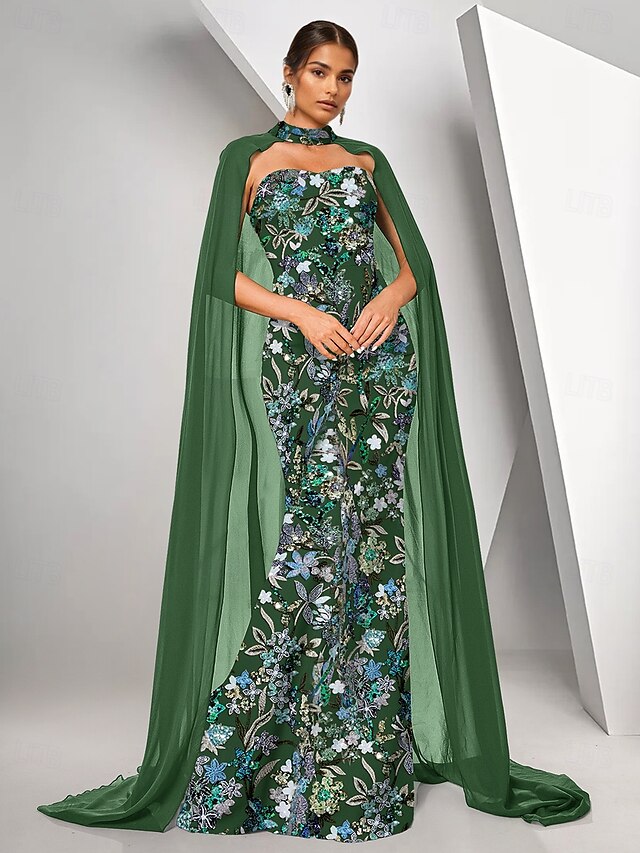  Lichtblauwe Cape Jurk Zeemeermin  Trompet Avondjurk Elegante Jurk Formele Bruiloft Vloerlengte Mouwloos Strapless Stretch Crepe met Beading Kant