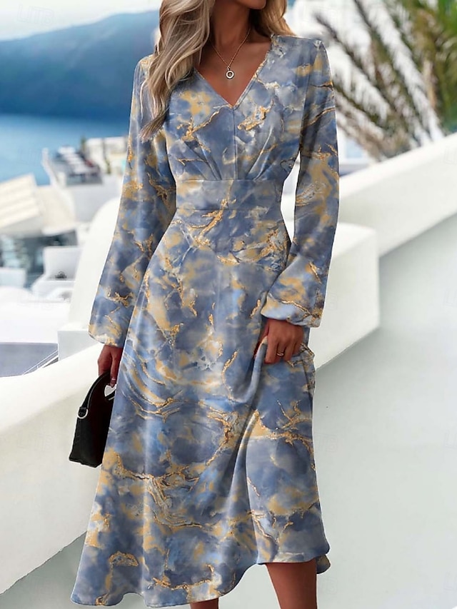  Pentru femei Rochii Midi Rochie A line Rochii Semi Formale Birou Fit regulat Imprimare de marmură Manșon Lung În V Roz Îmbujorat Kaki Gri Vară