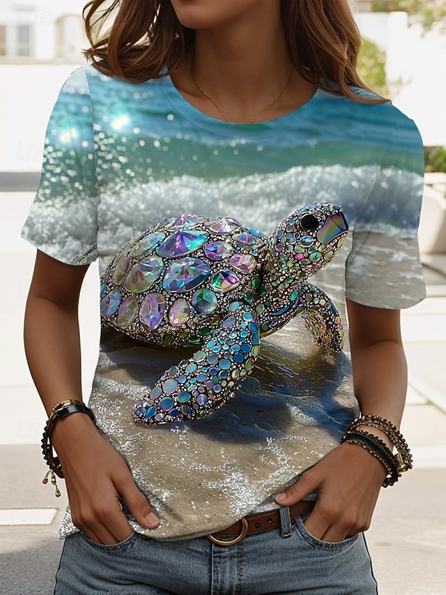  Femmes T-shirt Graphique Animal Tortue de mer ancien Élégant Classique Manche Courte Col ras du cou Col rond Hauts Réguliers Quotidien Week-end Imprimé Blanche Bleu Roi Bleu Vert Blanc Ecru Ét
