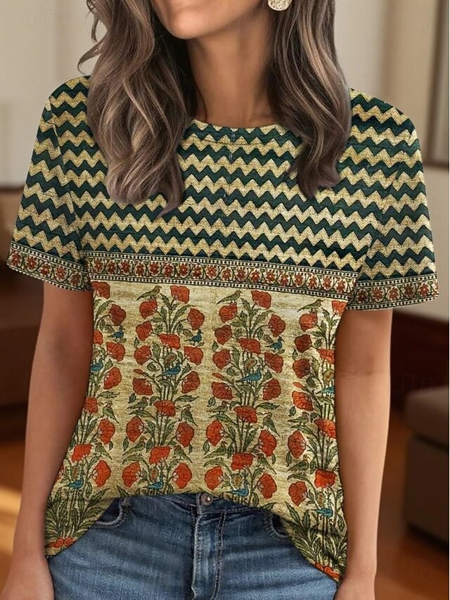 Women's T Shirt Graphic Bohemia Vintage Metallic Short Sleeve Crew Neck Round Neck Regular Tops Daily Print Black Green Summer Spring4