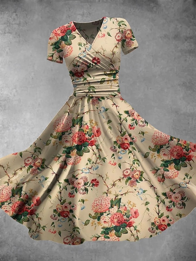  Femmes Robe Midi Robe fourreau Robe d'été Vacances Occasionnel Quotidien Coupe régulière Fleuri Graphique Manche Courte Col en V Jaune Rose Claire Bleu Beige Été Printemps