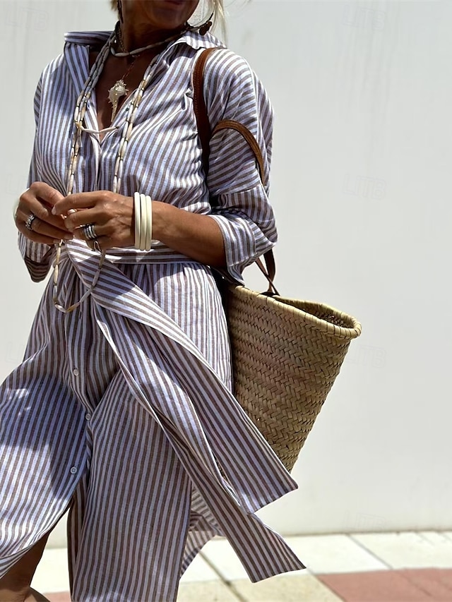  Femmes Robe Midi Robes inspirées du lin Robe Chemise Robe Décontractée Mode Moderne Quotidien Plage Week-end Coupe régulière Rayé manche longue Col de chemise Rose Claire Marron clair Bleu Ét