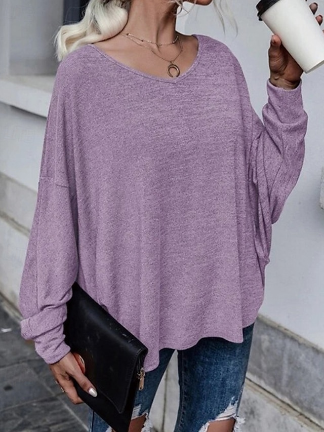  Femmes Chemisier Uni Occasionnel manche longue Col en V Hauts Réguliers Quotidien Fête Sortir Ourlet asymétrique Bleu Poudré Violet Bleu clair Été