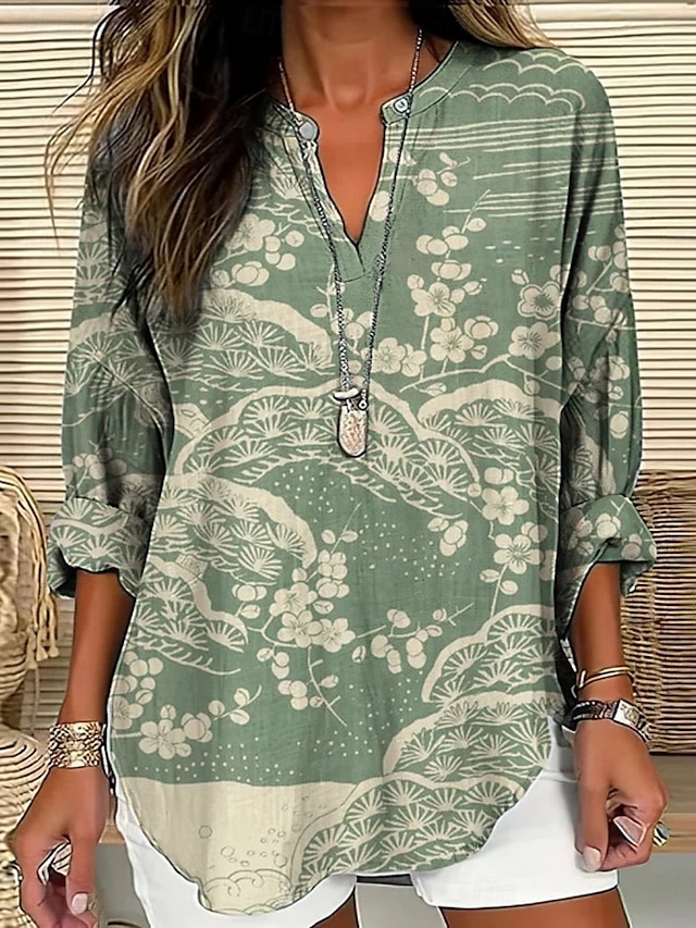  Femmes Chemise Fleuri Élégant Moderne manche longue Col en V Hauts Réguliers Quotidien Fête Boutons Imprimé Rouge Vert Été