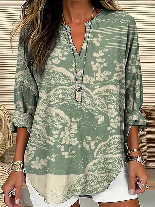 Women's Shirt Floral Stylish Modern Long Sleeve V Neck Regular Tops Daily Holiday Buttons Print Red Green Summer4