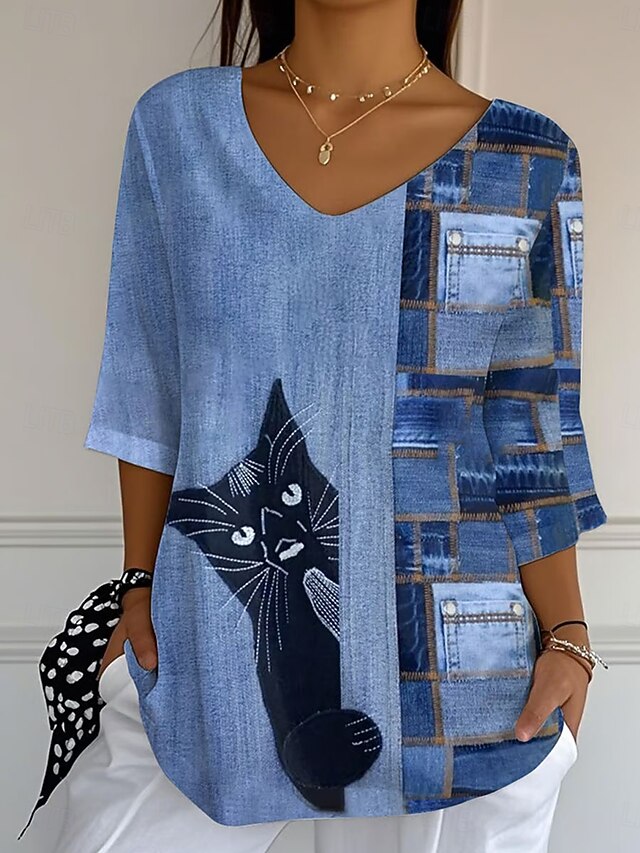 Women's Blouse Graphic Animal Cat Vintage Daily Stylish 3/4 Length Sleeve V Neck Regular Tops Daily Print Blue Summer Spring4