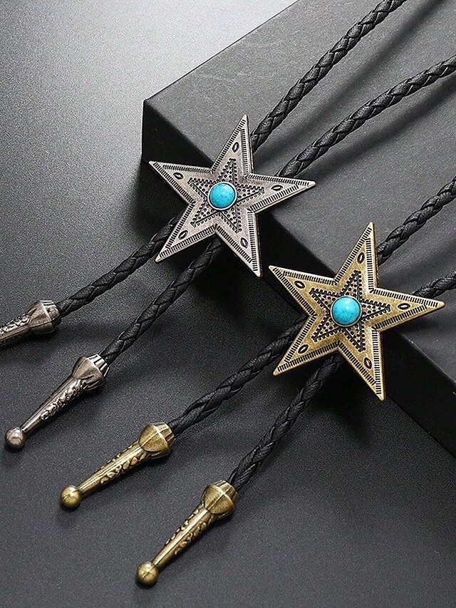  męski krawat typu bolo western star z turkusowym środkiem, metal w kolorze antycznego brązu lub srebra, regulowany pleciony skórzany sznurek, vintage'owy kowbojski krawat rodeo na koncerty country, wesela i do codziennego noszenia