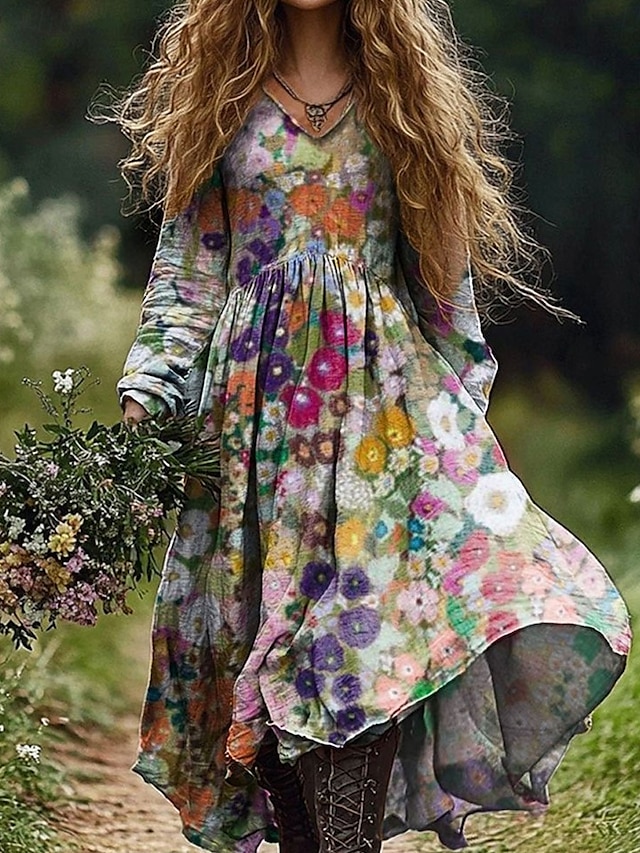  Per donna Abito maxi Abito a trapezio Vacanza Casual Boho Uscire Spiaggia Vestibilità comoda Floreale Grafico Geometrico Manica Lunga Scollo a V Rosa Blu Arancione Verde Primavera Autunno
