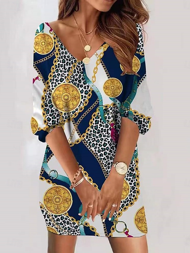  Femmes Mini Robe Robe trapèze Occasionnel Quotidien Coupe régulière Géométrique Abstrait manche longue Col en V Bleu Violet Marron Vert Été