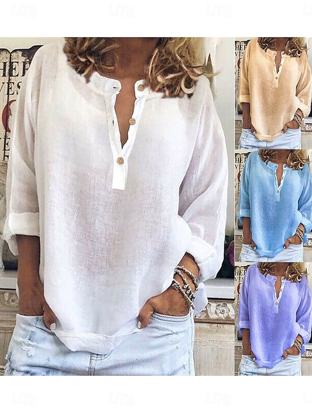  Femmes Chemise Couleur Unie Uni Élégant Occasionnel manche longue Col en V Encolure en V Hauts Réguliers Quotidien Boutons Blanche Jaune Bleu Violet Été Printemps
