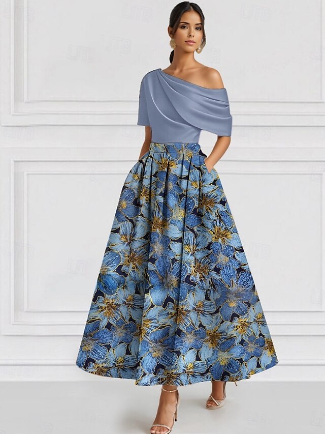  Jacquard Brocade Floral A-Line Prom Dresses Elegant Dress Formal Wedding Guest Ankle Length Short Sleeve One Shoulder Pocket Nylon with Pocket