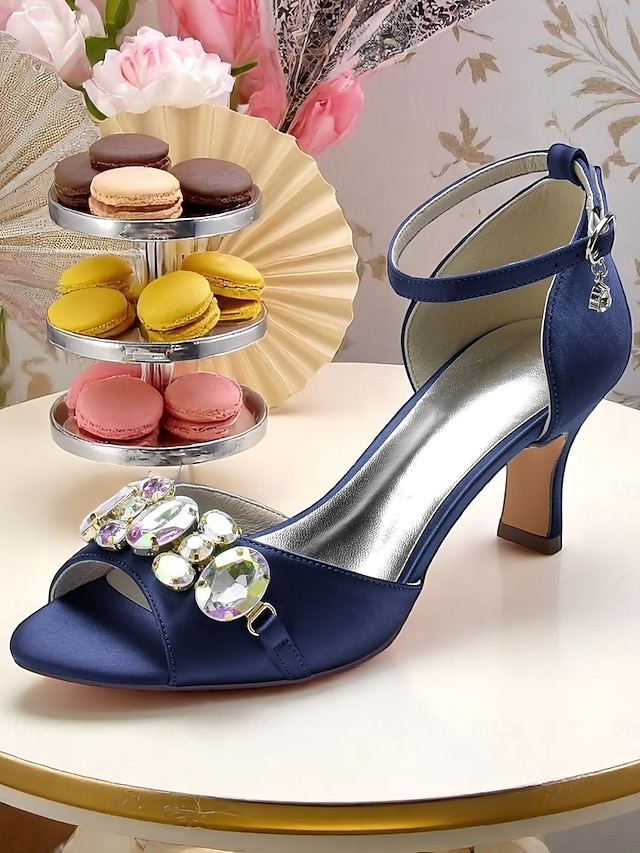  Women's Black Satin Open Toe Heels with Ankle Strap and Crystal Gemstone Embellishment- Elegant Mid Heel Sandals for Cocktail Party & Evening Wedding Reception and Formal Events