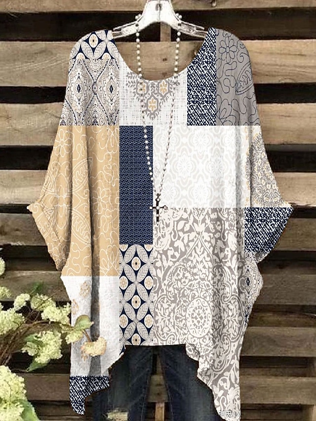  Damen Boho-Hemd Blumen Grafik Geometrisch Elegant Bohemien Aktiv Kurzarm Fledermaus Ärmel Rundhalsausschnitt Normale Oberteile Täglich Ferien Strandbekleidung Druck Weiß Gelb Rote Blau Purpur Sommer