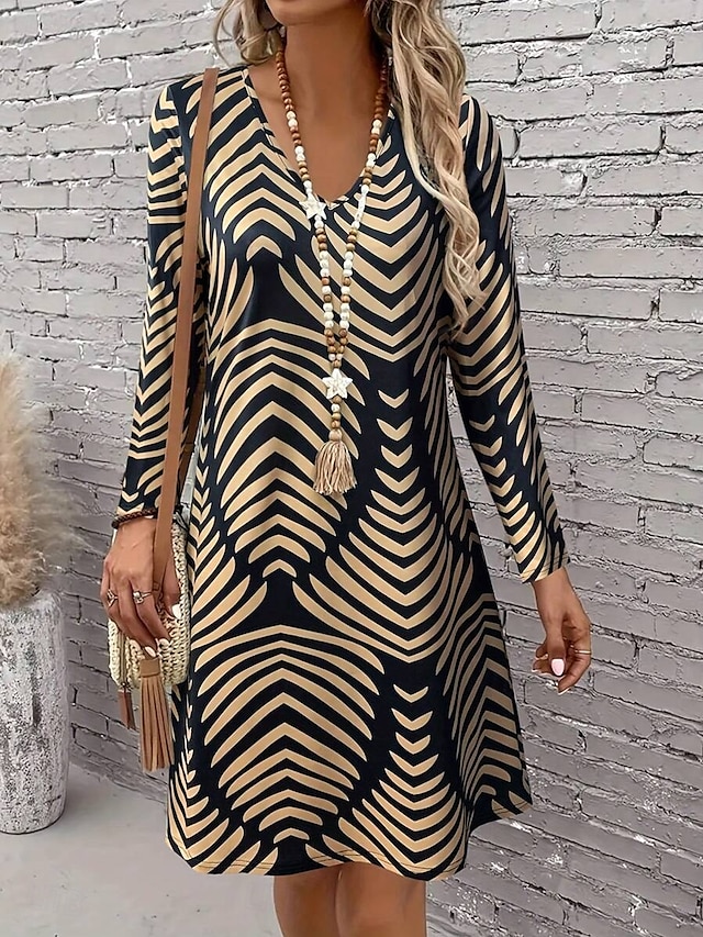  Pentru femei Rochie Mini Rochie casual Rochie A line Stilat Casual Fit regulat Grafic Geometric Manșon Lung În V Maro Primăvară Toamnă