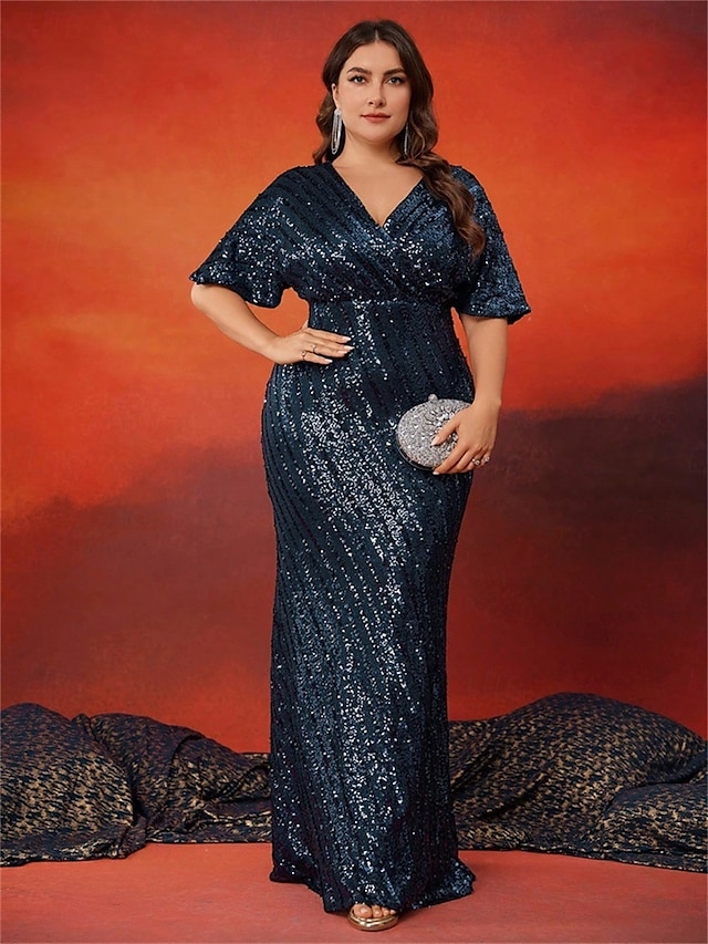  Robes élégantes grande taille sirène  trompette robe courbe robe de mariage longueur au sol à manches courtes en V en polyester avec sequins