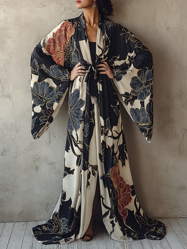  Robe longue femme Robe maxi Robe bohème Robe décontractée Robe trapèze Robe de vacances Mode Moderne Quotidien Vacances Plage Coupe classique Floral Manches longues Col V Noir Blanc Bleu marine Violet Été Printemps