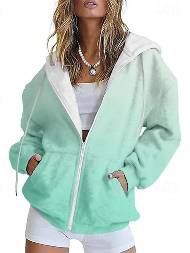  Mujer Chaqueta casual Cómodo Bolsillo Estampado Deportes Moda Exterior Patrón Casual Diario Fin de semana Cremallera Regular Con Capucha Ajuste regular Manga Larga Ropa de calle Verde Claro Rosa