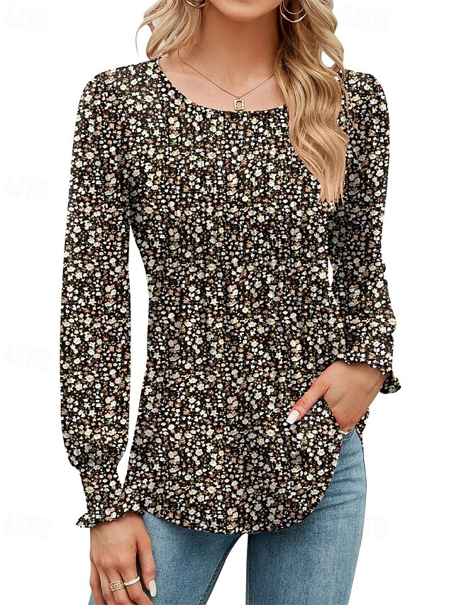 Women's Blouse Flower Modern Casual Long Sleeve Crew Neck Regular Tops Daily Holiday Print Black Yellow Army Green Fall4