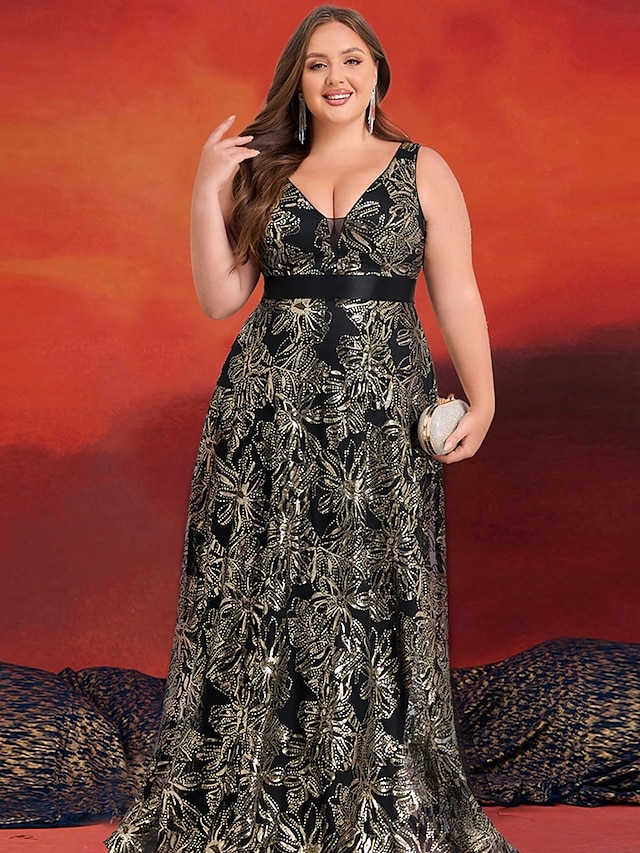  A-Linie Plus Size Kleider Elegantes Kurvenkleid Formelles Hochzeitskleid Bodenlang Ärmellos V-Ausschnitt Spitze mit Pailletten 2025