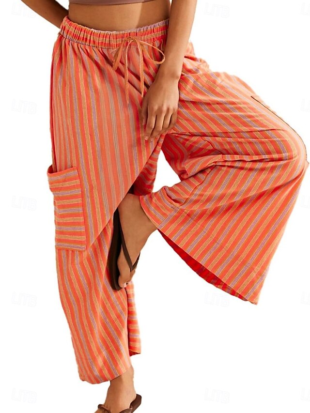  Mujer Perneras anchas Chinos Moda Ropa de calle Longitud total Alta cintura A Rayas Bolsillo Cintura elástica Estampado Confortable Suave Cómodo Microelástico Exterior Calle Azul Naranja Marrón Verde