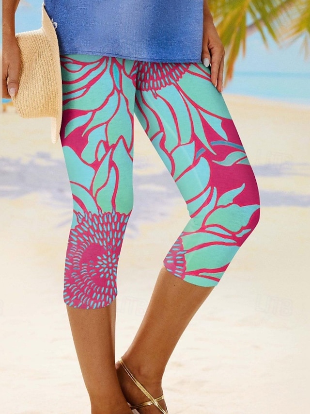  Dame Capri bukser Leggins Gade Afslappet Calf-længde Høj Talje Blad Elastisk Talje Åndbarhed Elastisk Ferierejse Gade Dagligdagstøj Hvid Lys pink Mint Grøn Sommer Regulær