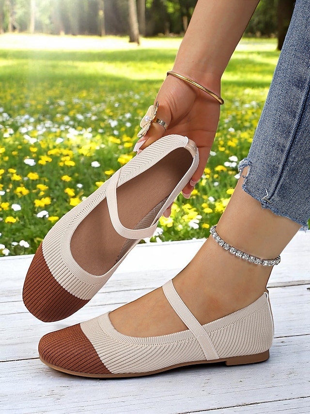  Zweifarbige Damen-Ballerinas aus Strick mit Riemen – atmungsaktive, lässige Mary-Jane-Schuhe für den Alltag, Spaziergänge und Frühlingsausflüge