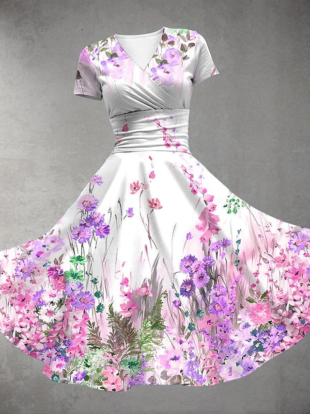  Dame Midikjole Sommerkjole Fit And Flare Dress Fest Fritid Daglig Ferie Normal Blomstret Grafisk Kortermet V-hals Gul Rød Blå Lilla Sommer