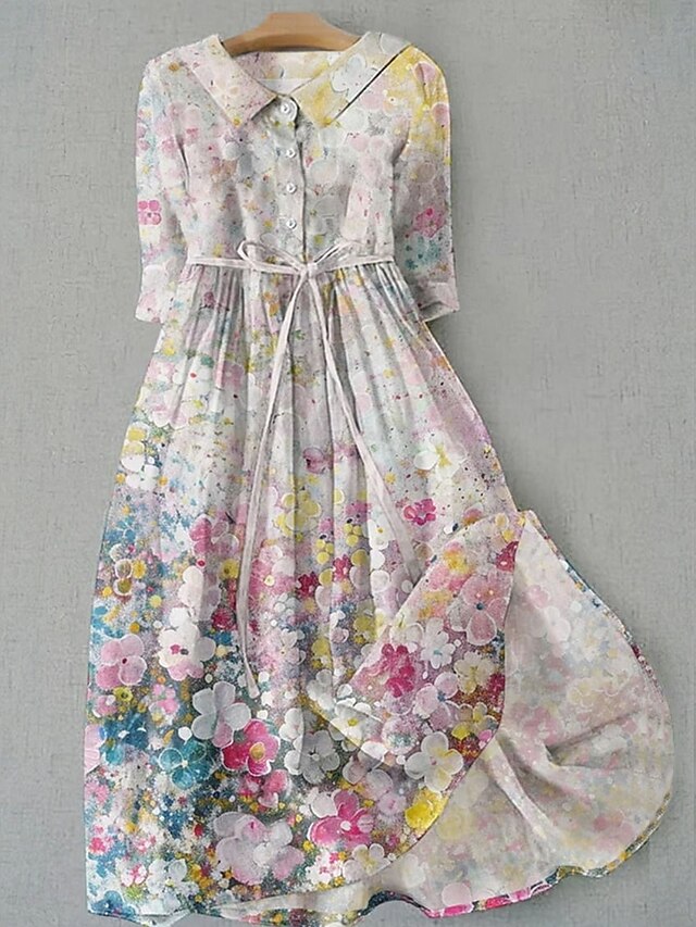  Damen Midikleid Shiftkleid Lässig Täglich Normale Passform Blumen Grafik Halbarm Hemdkragen Rosa Blau Orange Frühling