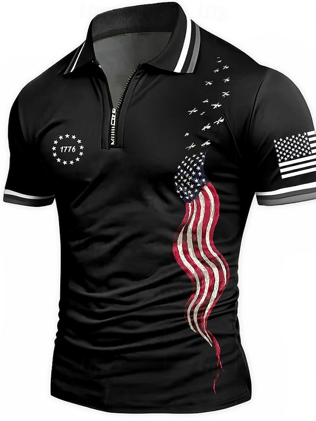 Giorno dell'Indipendenza Americana Per uomo Bandiera Americana Polo con zip Manica Corta Magliette polo Camicie con Colletto Casual Athleisure Abbigliamento quotidiano Stampa 3D Estate Nero Rosso