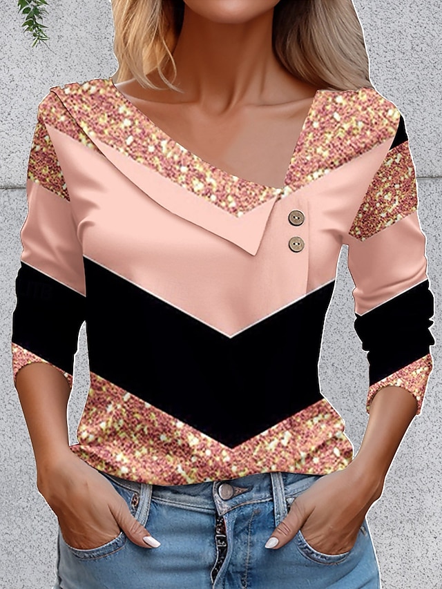  Dame T skjorte Grafisk Geometrisk Årgang Stilfull Grunnleggende Langermet Asymmetrisk hals Vanlige topper Daglig Ut på byen Helg Knapper Rosa Blå Lilla Grønn Sommer Vår
