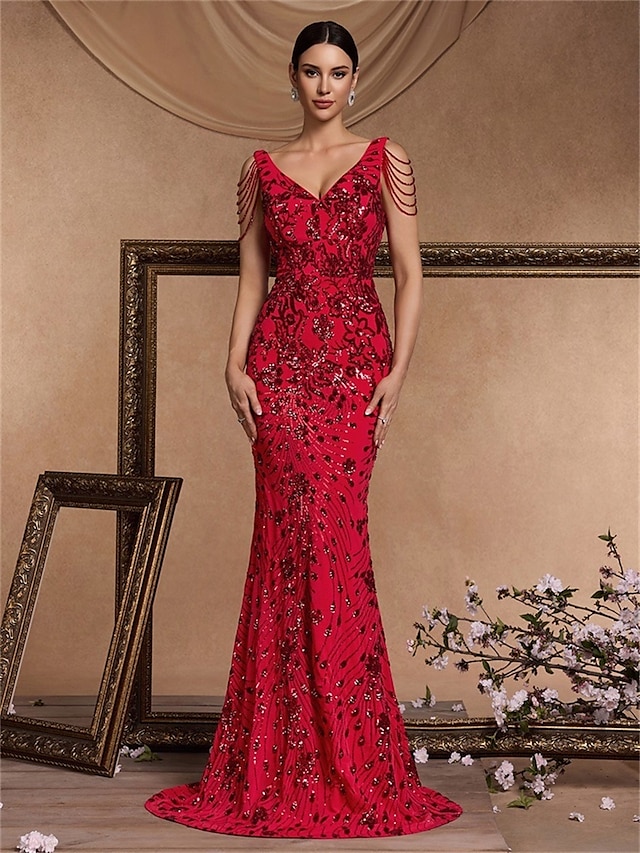  Havsfru  trumpet quinceanera klänningar Elegant klänning bröllop bröllopsgäst golvlängd ärm lös V-hals polyester rygglös med glitter