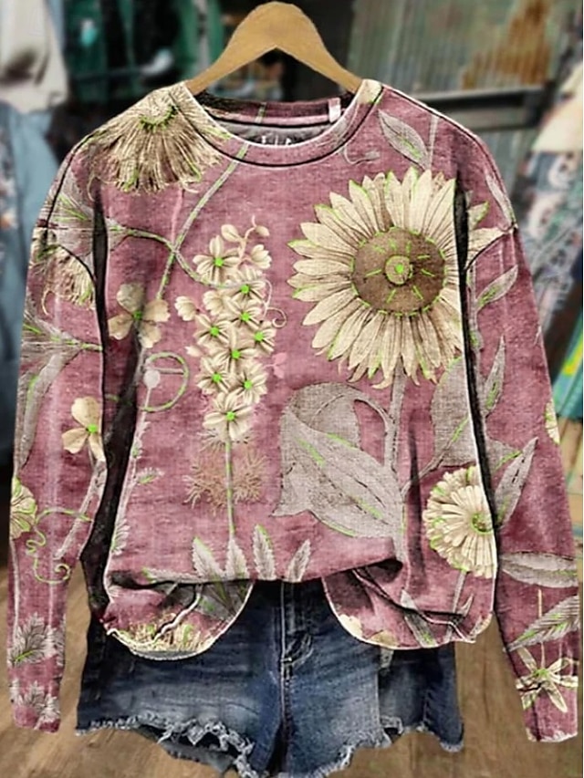  Dame Genser med genser Blomstret Grafisk Fritid Langermet Crew-hals Vanlige topper Gate Hverdag Avslappet Trykt mønster Svart Rosa Blå Oransje Grå Vår Høst Vinter