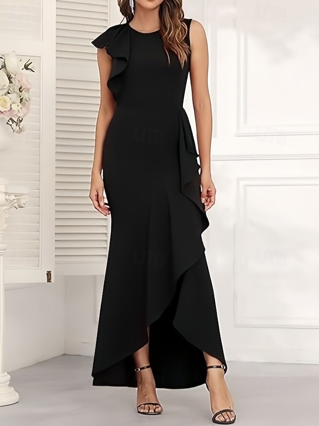  Rochii pentru Invitate de Nuntă A-Line Rochie Elegantă Invitată la Nuntă Logodnă Asimetrică Fără Mâneci Decolteu Rotund Crep Elastic cu Volane și Fendă