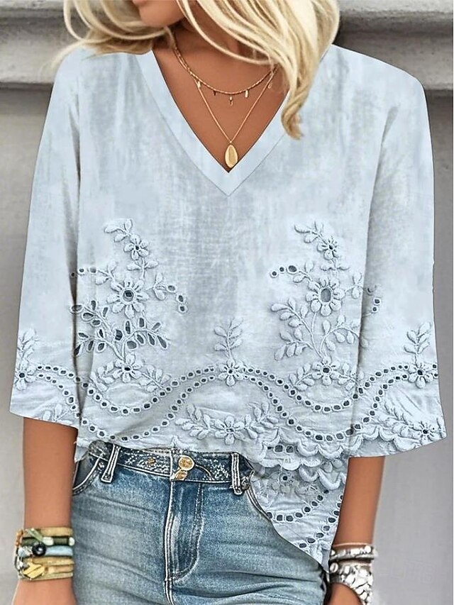 Women's Blouse Button Down Floral Graphic Elegant Stylish Casual 3/4 Length Sleeve V Neck Regular Tops Daily Holiday Going out Print White Pink Blue Summer Spring4