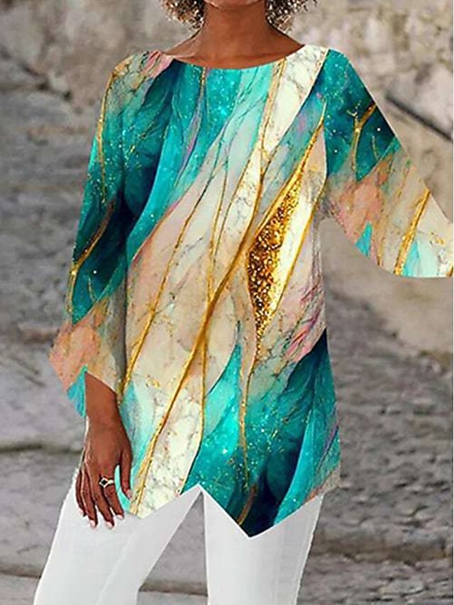 Women's Blouse Print Abstract Daily Stylish Long Sleeve Crew Neck Regular Tops Daily Holiday Print Asymmetric Hem Green Summer Spring4