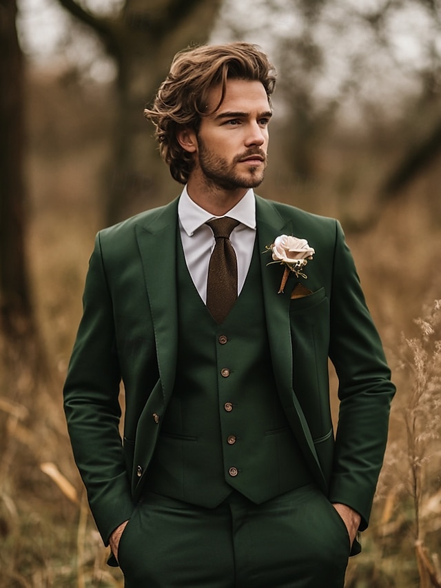  Uomo Matrimonio Completi Verde scuro Moda Formale Tinta unita Vestibilità standard 3 pezzi Monopetto Due Bottoni