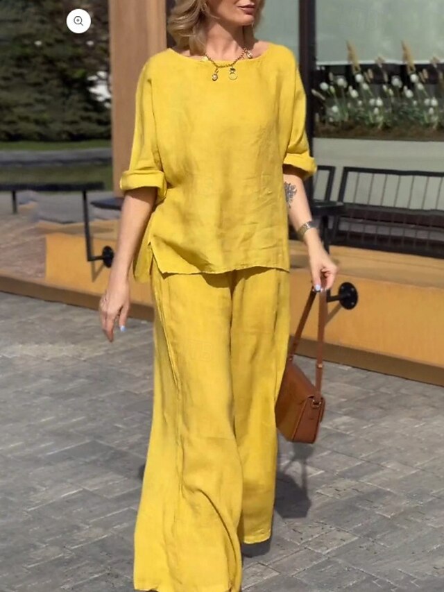 Women's Active Fashion Blouse Pants Sets 3/4 Length Sleeve Crew Neck Solid Color Split Thigh Daily Holiday Yellow Blue Green Summer Regular Fit4