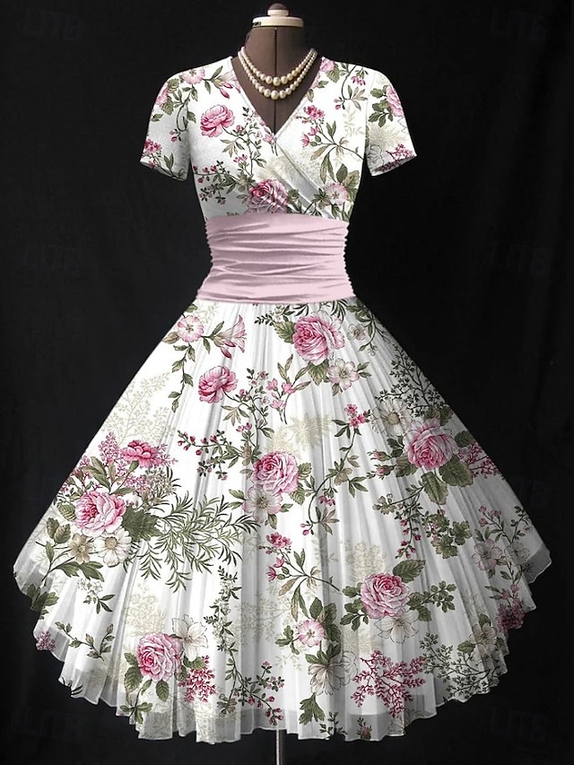  Dam Midiklänning Sommarklänning Fit And Flare Klänning Semester party Ledigt Bröllop Fest Bröllopsgäst Normal Blommig Grafisk Kortärmad V-hals Svart Rodnande Rosa Grön Beige Sommar