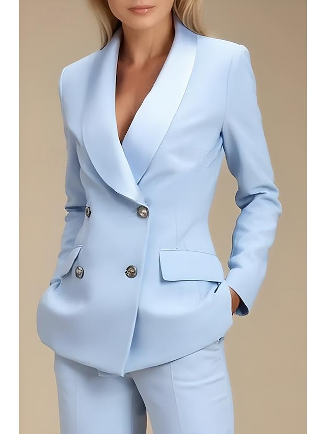  Blauwzwart tweedelig broekpak moeder van de bruid blazerset elegant revers vloerlengte stretchstof lange mouw met knopen effen kleur 2025