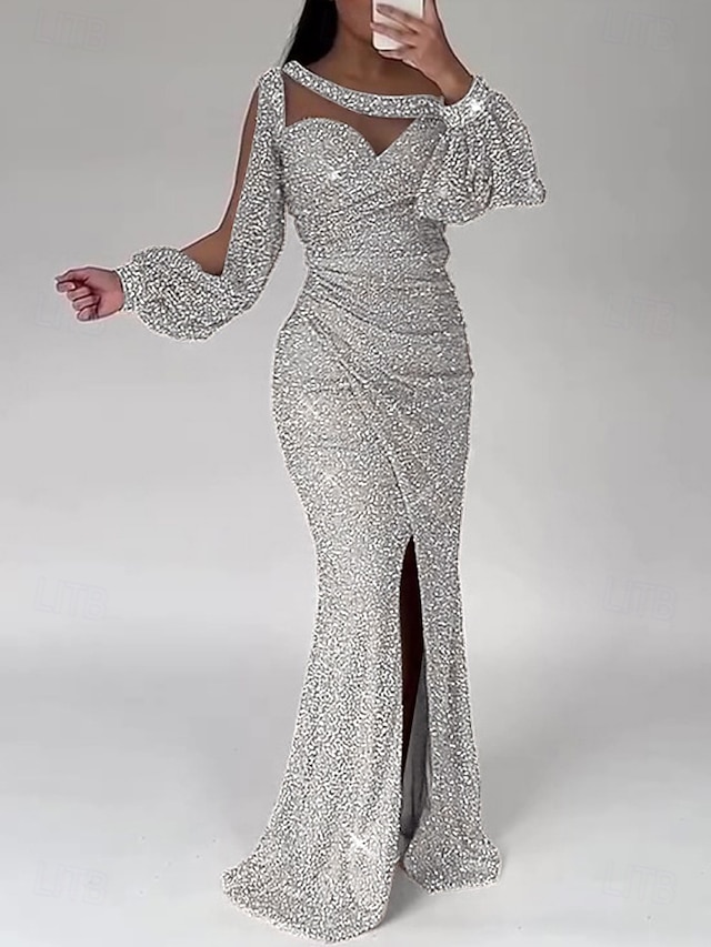  Meerjungfrau Paillettiertes Abendkleid Partykleid formelles Sweep-/Pinselzug lange Ärmel Scoop-Ausschnitt mit Glitzer Raffung Schlitz Maskerade-Kleid 2025