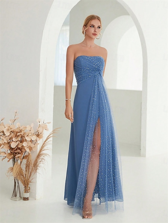  A-linjeformade quinceanera-klänningar Elegant klänning formell bröllop golvlängd ärmlös bandeau chiffon rygglös med slits