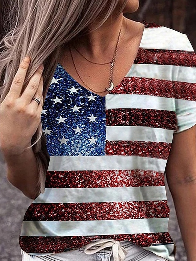  Amerikansk uavhengighetsdag Dame T skjorte Nasjonalflagg Fritid Kortermet Crew-hals Vanlige topper Daglig Ut på byen Helg Trykt mønster Svart Hvit Blå Grå Sommer