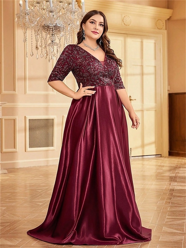  Suknie A-Liniowe Plus Size Elegancka Suknia Krągła Formalny Ślub Długość Do Podłogi Pół Rękawa V Dekolt Poliester z Plisami
