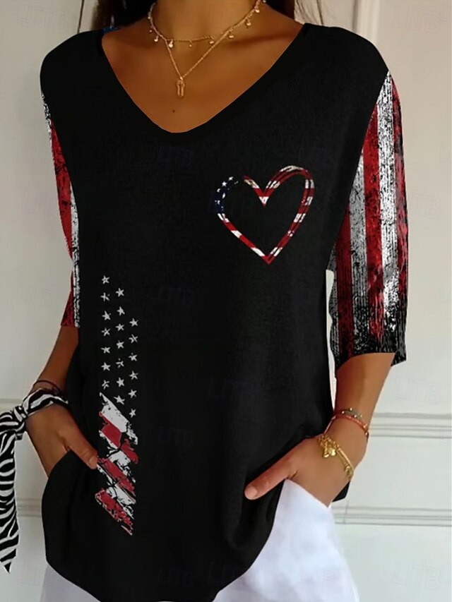 American Women's Blouse Floral Graphic Bohemia Vintage Tropical 3/4 Length Sleeve V Neck Regular Tops Daily Buttons Print Black Dusty Blue Light Blue Summer Spring4